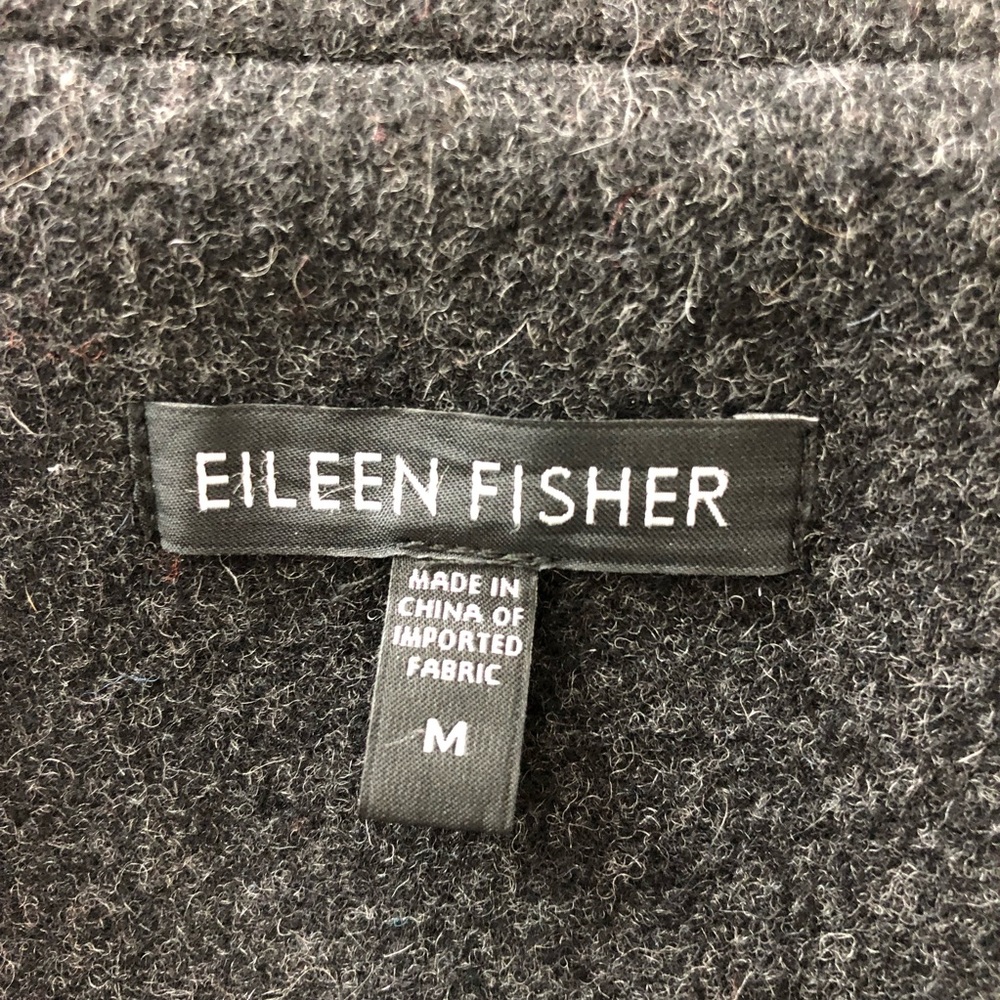 Eileen Fisher High Collar Full Zip Wool Coat Leather Sleeves Black/Gray Medium - Picture 8 of 9